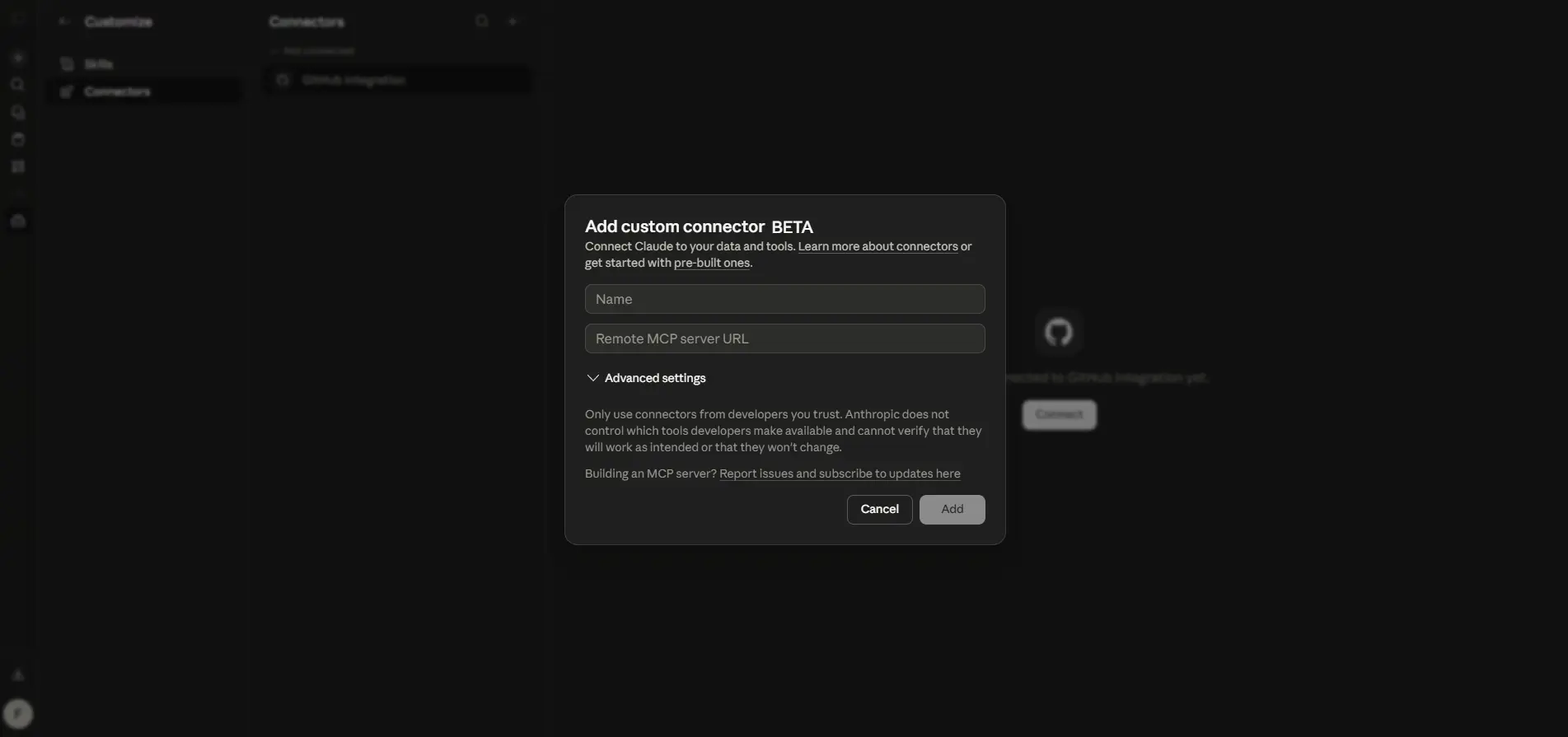 Add custom connector popup in Claude for Meta Ads MCP server setup.