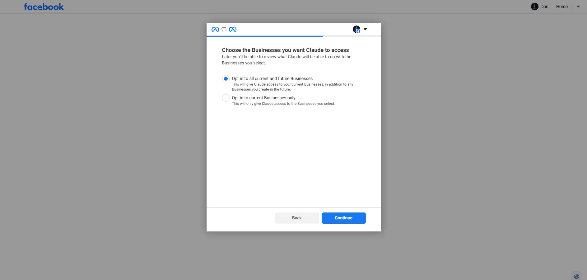 Meta confirmation screen showing Claude connected to the ads MCP server.