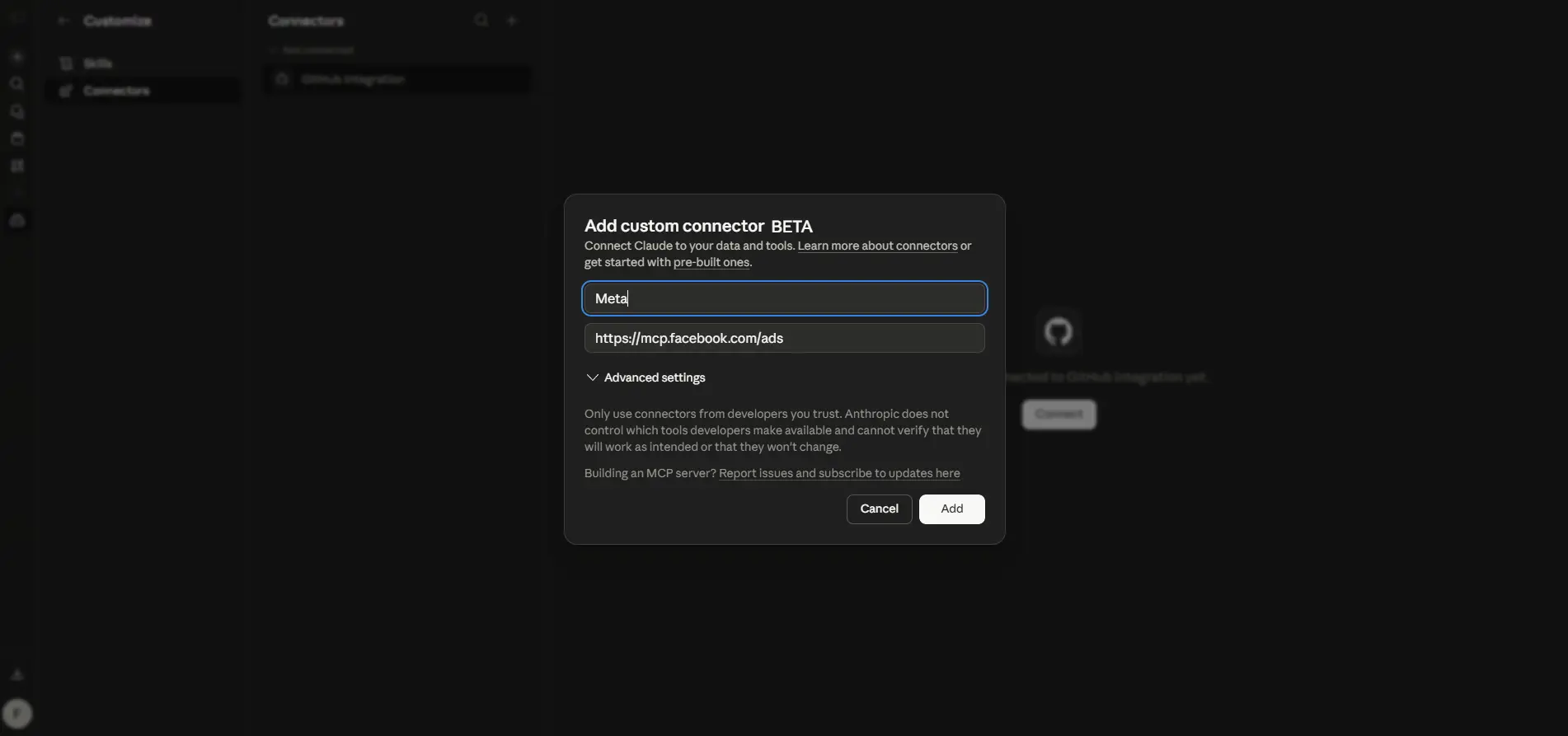 Facebook authorization screen asking to connect Claude to the Meta Ads MCP server.