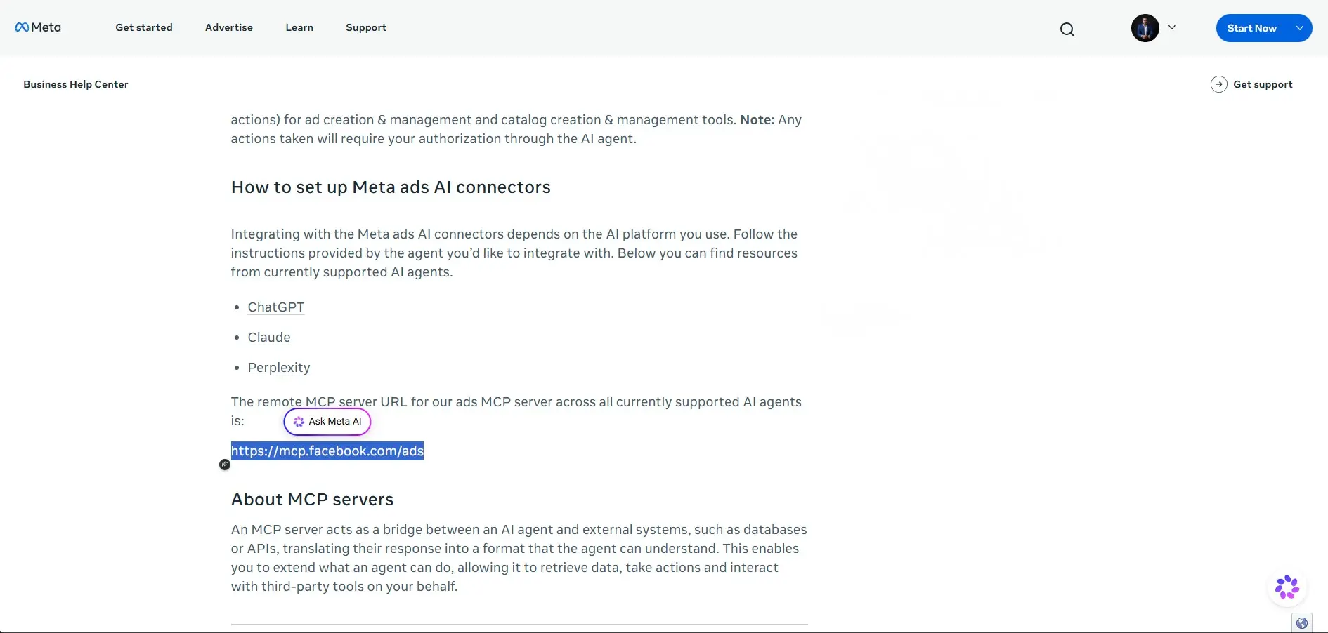 Meta Business Help Center showing the Meta Ads MCP server URL for AI connector setup.