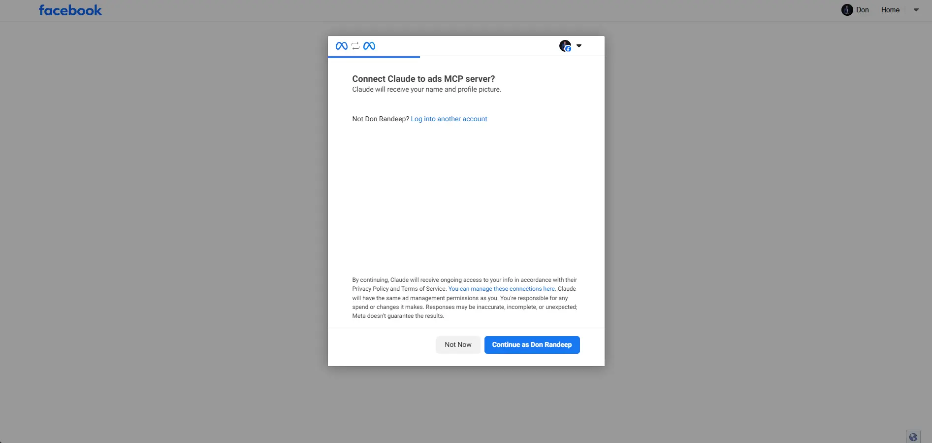 Meta permission review screen showing access for ads, product catalogs, ad stats, and business management.